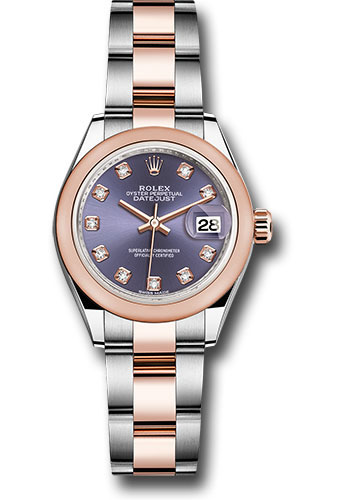 Rolex Steel and Everose Gold Rolesor Lady-Datejust 28 Watch - Domed Bezel - Aubergine Diamond Dial - Oyster Bracelet