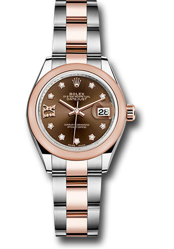 Rolex Steel and Everose Gold Rolesor Lady-Datejust 28 Watch - Domed Bezel - Chocolate Diamond Star Dial - Oyster Bracelet