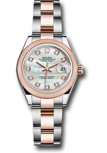 Rolex Steel and Everose Gold Rolesor Lady-Datejust 28 Watch - Domed Bezel - White Mother-Of-Pearl Diamond Dial - Oyster Bracelet