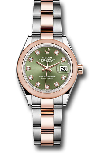 o Rolex Steel and Everose Gold Rolesor Lady-Datejust 28 Watch - Domed Bezel - Olive Green Diamond Dial - Oyster Bracelet 
