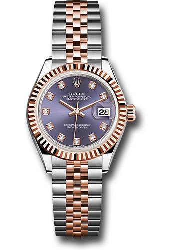 Rolex Steel and Everose Gold Rolesor Lady-Datejust 28 Watch - Fluted Bezel - Aubergine Diamond Dial - Jubilee Bracelet
