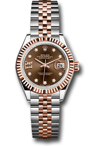 Rolex Steel and Everose Gold Rolesor Lady-Datejust 28 Watch - Fluted Bezel - Chocolate Diamond Star Dial - Jubilee Bracelet