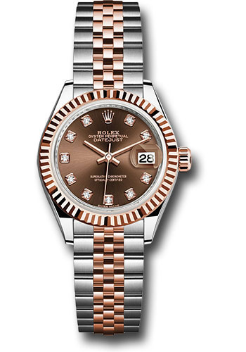 Rolex Steel and Everose Gold Rolesor Lady-Datejust 28 Watch - Fluted Bezel - Chocolate Diamond Dial - Jubilee Bracelet