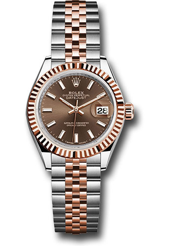 Rolex Steel and Everose Gold Rolesor Lady-Datejust 28 Watch - Fluted Bezel - Chocolate Index Dial - Jubilee Bracelet