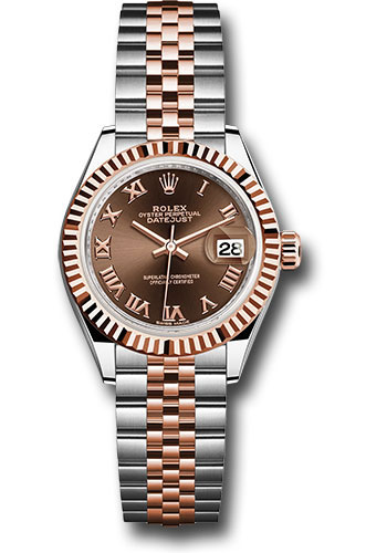 Rolex Steel and Everose Gold Rolesor Lady-Datejust 28 Watch - Fluted Bezel - Chocolate Roman Dial - Jubilee Bracelet