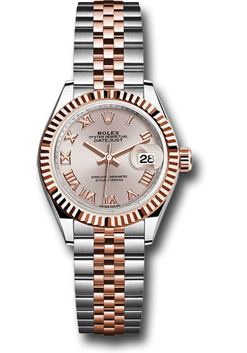 Rolex Steel and Everose Gold Rolesor Lady-Datejust 28 Watch - Fluted Bezel - Sundust Roman Dial - Jubilee Bracelet