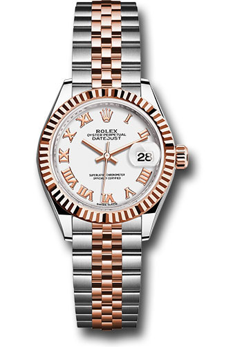 Rolex Steel and Everose Gold Rolesor Lady-Datejust 28 Watch - Fluted Bezel - White Roman Dial - Jubilee Bracelet