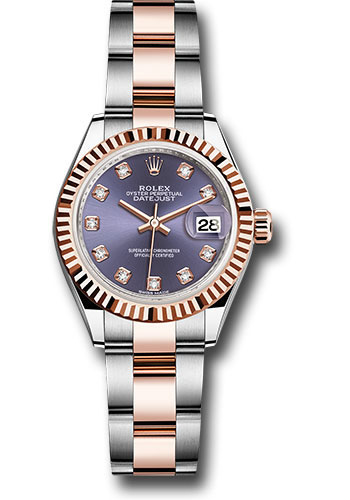 Rolex Steel and Everose Gold Rolesor Lady-Datejust 28 Watch - Fluted Bezel - Aubergine Diamond Dial - Oyster Bracelet