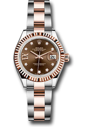 Rolex Steel and Everose Gold Rolesor Lady-Datejust 28 Watch - Fluted Bezel - Chocolate Diamond Star Dial - Oyster Bracelet