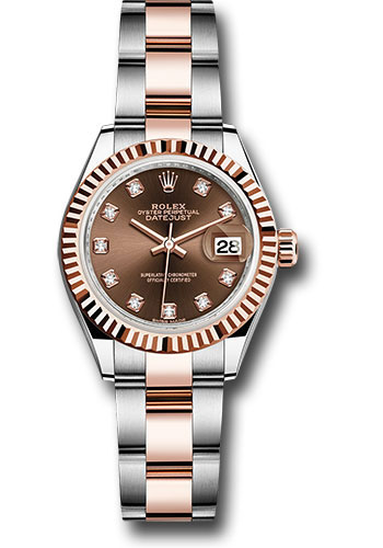 Rolex Steel and Everose Gold Rolesor Lady-Datejust 28 Watch - Fluted Bezel - Chocolate Diamond Dial - Oyster Bracelet