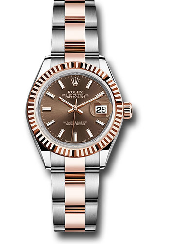 Rolex Steel and Everose Gold Rolesor Lady-Datejust 28 Watch - Fluted Bezel - Chocolate Index Dial - Oyster Bracelet