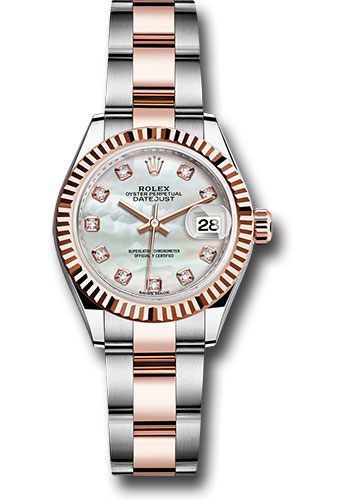 Rolex Steel and Everose Gold Rolesor Lady-Datejust 28 Watch - Fluted Bezel - White Mother-Of-Pearl Diamond Dial - Oyster Bracelet