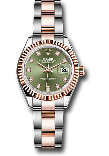 Rolex Steel and Everose Gold Rolesor Lady-Datejust 28 Watch - Fluted Bezel - Olive Green Diamond Dial - Oyster Bracelet