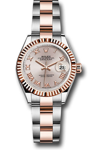 Rolex Steel and Everose Gold Rolesor Lady-Datejust 28 Watch - Fluted Bezel - Sundust Roman Dial - Oyster Bracelet