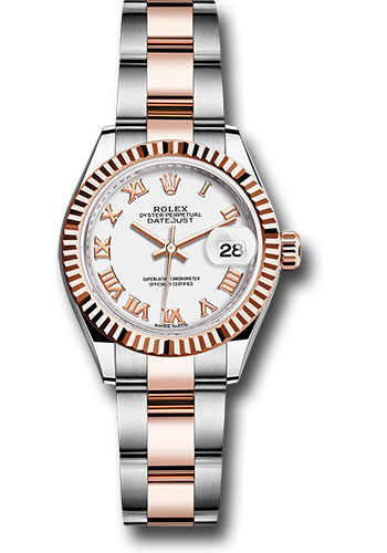 Rolex Steel and Everose Gold Rolesor Lady-Datejust 28 Watch - Fluted Bezel - White Roman Dial - Oyster Bracelet