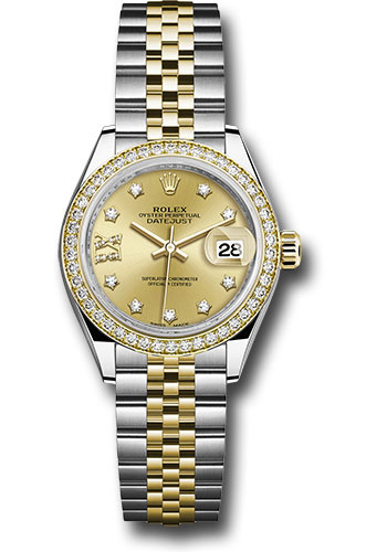 Rolex Steel and Yellow Gold Rolesor Lady-Datejust 28 Watch - Diamond Bezel - Champagne Diamond Star Dial - Jubilee Bracele