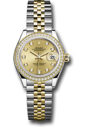 Rolex Steel and Yellow Gold Rolesor Lady-Datejust 28 Watch - Diamond Bezel - Champagne Diamond Dial - Jubilee Bracelet