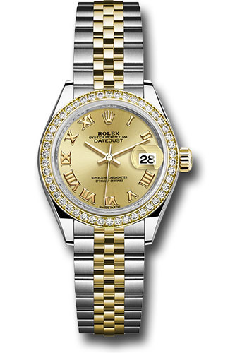 Rolex Steel and Yellow Gold Rolesor Lady-Datejust 28 Watch - Diamond Bezel - Champagne Roman Dial - Jubilee Bracelet