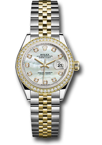Rolex Steel and Yellow Gold Rolesor Lady-Datejust 28 Watch - Diamond Bezel - White Mother-Of-Pearl Diamond Dial - Jubilee Bracelet