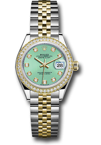 Rolex Steel and Yellow Gold Rolesor Lady-Datejust 28 Watch - Diamond Bezel - Mint Green Diamond Dial - Jubilee Bracelet