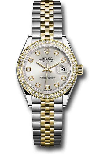 Rolex Steel and Yellow Gold Rolesor Lady-Datejust 28 Watch - Diamond Bezel - Silver Diamond Dial - Jubilee Bracelet