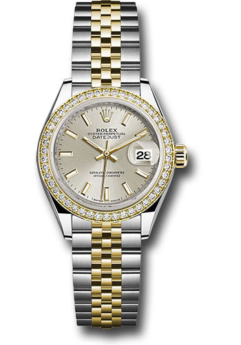 Rolex Steel and Yellow Gold Rolesor Lady-Datejust 28 Watch - Diamond Bezel - Silver Index Dial - Jubilee Bracelet