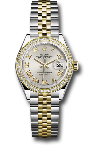 Rolex Steel and Yellow Gold Rolesor Lady-Datejust 28 Watch - Diamond Bezel - Silver Roman Dial - Jubilee Bracelet