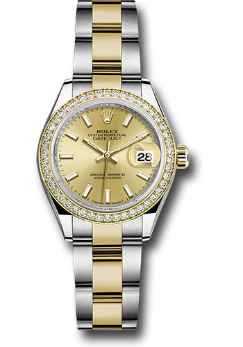 Rolex Steel and Yellow Gold Rolesor Lady-Datejust 28 Watch - Diamond Bezel - Champagne Index Dial - Oyster Bracelet
