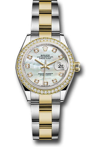Rolex Steel and Yellow Gold Rolesor Lady-Datejust 28 Watch - Diamond Bezel - White Mother-Of-Pearl Diamond Dial - Oyster Bracelet