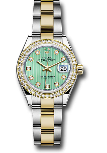 Rolex Steel and Yellow Gold Rolesor Lady-Datejust 28 Watch - Diamond Bezel - Mint Green Diamond Dial - Oyster Bracelet