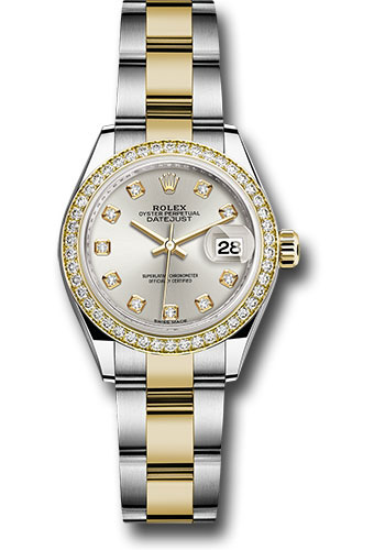 Rolex Steel and Yellow Gold Rolesor Lady-Datejust 28 Watch - Diamond Bezel - Silver Diamond Dial - Oyster Bracelet