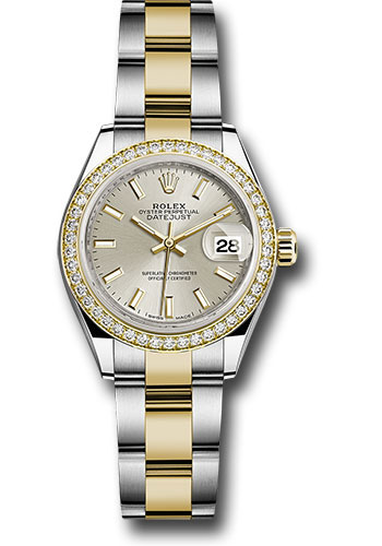 Rolex Steel and Yellow Gold Rolesor Lady-Datejust 28 Watch - Diamond Bezel - Silver Index Dial - Oyster Bracelet