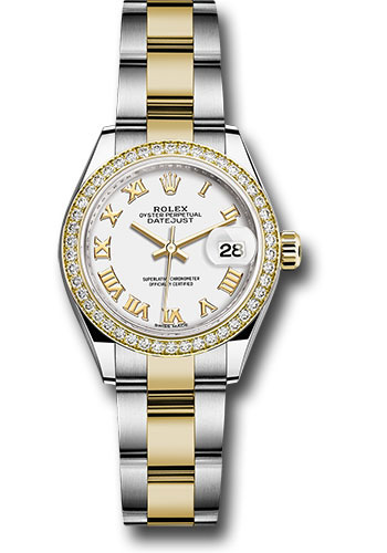 Rolex Steel and Yellow Gold Rolesor Lady-Datejust 28 Watch - Diamond Bezel - White Roman Dial - Oyster Bracelet