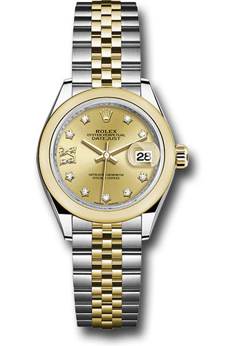 Rolex Steel and Yellow Gold Rolesor Lady-Datejust 28 Watch - Domed Bezel - Champagne Diamond Star Dial - Jubilee Bracelet