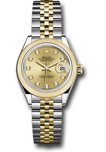 Rolex Steel and Yellow Gold Rolesor Lady-Datejust 28 Watch - Domed Bezel - Champagne Diamond Dial - Jubilee Bracelet