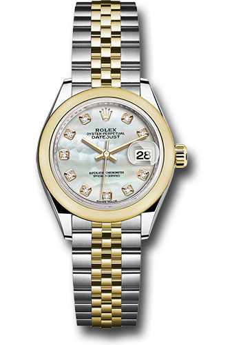 Rolex Steel and Yellow Gold Rolesor Lady-Datejust 28 Watch - Domed Bezel - White Mother-Of-Pearl Diamond Dial - Jubilee Bracelet