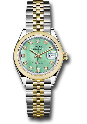 Rolex Steel and Yellow Gold Rolesor Lady-Datejust 28 Watch - Domed Bezel - Mint Green Diamond Dial - Jubilee Bracelet