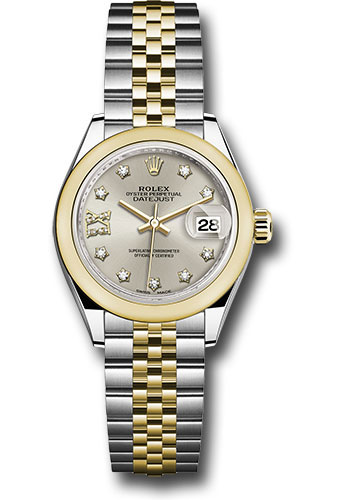 Rolex Steel and Yellow Gold Rolesor Lady-Datejust 28 Watch - Domed Bezel - Silver Diamond Star Dial - Jubilee Bracelet