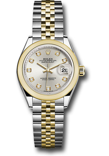 Rolex Steel and Yellow Gold Rolesor Lady-Datejust 28 Watch - Domed Bezel - Silver Diamond Dial - Jubilee Bracelet