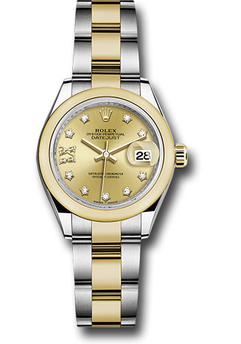 Rolex Steel and Yellow Gold Rolesor Lady-Datejust 28 Watch - Domed Bezel - Champagne Diamond Star Dial - Oyster Bracelet
