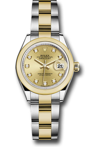 Rolex Steel and Yellow Gold Rolesor Lady-Datejust 28 Watch - Domed Bezel - Champagne Diamond Dial - Oyster Bracelet
