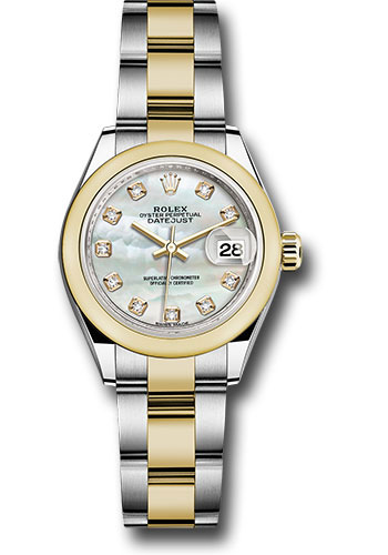 Rolex Steel and Yellow Gold Rolesor Lady-Datejust 28 Watch - Domed Bezel - White Mother-Of-Pearl Diamond Dial - Oyster Bracelet