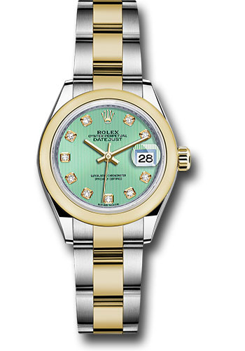 Rolex Steel and Yellow Gold Rolesor Lady-Datejust 28 Watch - Domed Bezel - Mint Green Diamond Dial - Oyster Bracelet