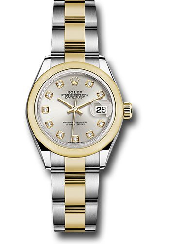 Rolex Steel and Yellow Gold Rolesor Lady-Datejust 28 Watch - Domed Bezel - Silver Diamond Dial - Oyster Bracelet