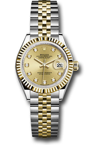 Rolex Steel and Yellow Gold Rolesor Lady-Datejust 28 Watch - Fluted Bezel - Champagne Diamond Dial - Jubilee Bracelet