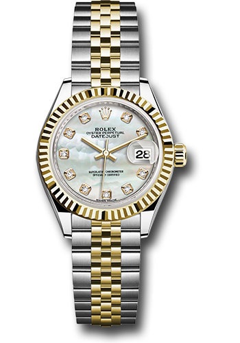 Rolex Steel and Yellow Gold Rolesor Lady-Datejust 28 Watch - Fluted Bezel - White Mother-Of-Pearl Diamond Dial - Jubilee Bracelet