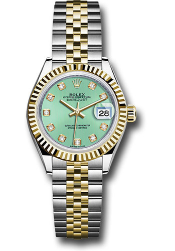 Rolex Steel and Yellow Gold Rolesor Lady-Datejust 28 Watch - Fluted Bezel - Mint Green Diamond Dial - Jubilee Bracelet