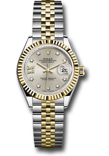 Rolex Steel and Yellow Gold Rolesor Lady-Datejust 28 Watch - Fluted Bezel - Silver Diamond Star Dial - Jubilee Bracelet