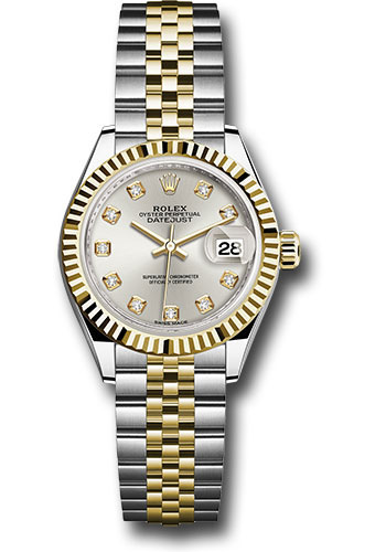 Rolex Steel and Yellow Gold Rolesor Lady-Datejust 28 Watch - Fluted Bezel - Silver Diamond Dial - Jubilee Bracelet