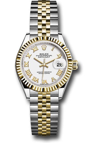 Rolex Steel and Yellow Gold Rolesor Lady-Datejust 28 Watch - Fluted Bezel - White Roman Dial - Jubilee Bracelet